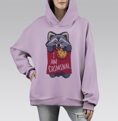 Милая футболка с енотом и надписью I AM CRIMINAL, Hoodie Mono Fiolet, оверсайз, утепленная