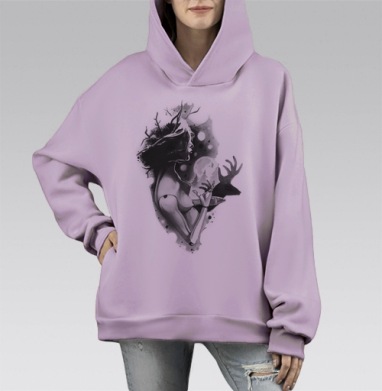 Силуэт Шаманки с Ветвями и Механической Рукой, Hoodie Mono Fiolet, оверсайз, утепленная