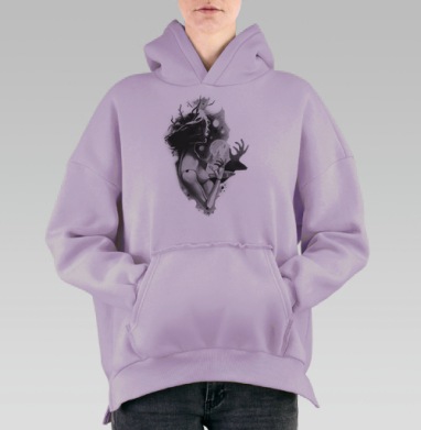 Силуэт Шаманки с Ветвями и Механической Рукой, Hoodie Oversize Fiolet, утепленная