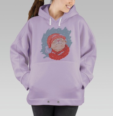 Милый зимний кот в красной шапке и шарфе, Hoodie Oversize Fiolet
