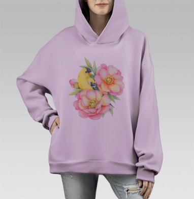 Нежная птица среди розовых цветов, Hoodie Mono Fiolet, оверсайз, утепленная