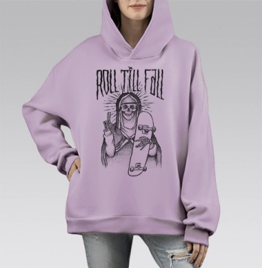 Мистический скелет с скейтбордом ROLL TILL FALL, Hoodie Mono Fiolet, оверсайз, утепленная
