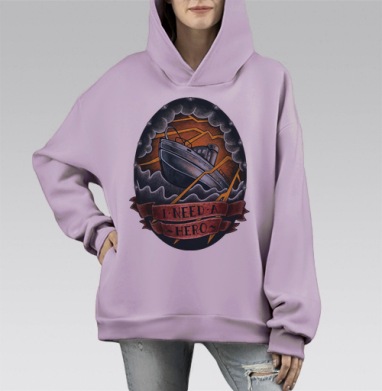 Буря и Герой: Морское Испытание в Тату Стиле, Hoodie Mono Fiolet, оверсайз, утепленная