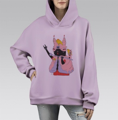 Стильный кот с рок-жестом и птичками - арт-дизайн 19, Hoodie Mono Fiolet, оверсайз, утепленная