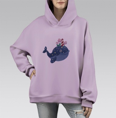 Кит с волшебным миром на спине в ночном небе, Hoodie Mono Fiolet, оверсайз, утепленная