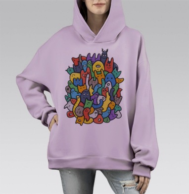 Весёлое собрание мультяшных монстров doodle art, Hoodie Mono Fiolet, оверсайз, утепленная