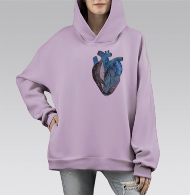 Акварельное сердце с космическими китами, Hoodie Mono Fiolet, оверсайз, утепленная