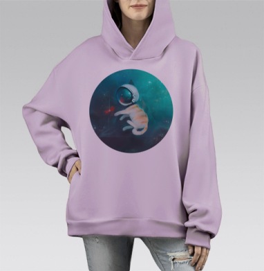 Кот в скафандре в космосе с красной рыбкой, Hoodie Mono Fiolet, оверсайз, утепленная