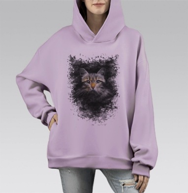 Мистический портрет космической кошки с неоновым свечением, Hoodie Mono Fiolet, оверсайз, утепленная