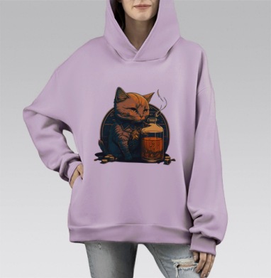 Кот-нуар: символ глубокой меланхолии и иронии, Hoodie Mono Fiolet, оверсайз, утепленная