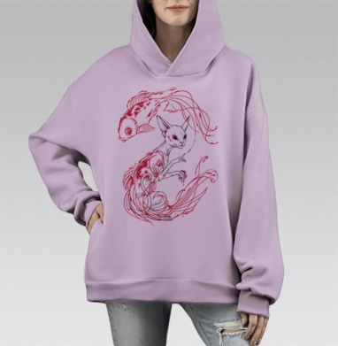 Сфинкс с красными чернилами и рыбой кои, Hoodie Mono Fiolet, оверсайз, утепленная