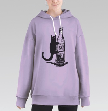 Чёрный кот с бутылкой яда – интригующая иллюстрация, Hoodie Long Oversize Fiolet