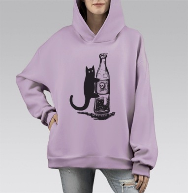 Чёрный кот с бутылкой яда – интригующая иллюстрация, Hoodie Mono Fiolet, оверсайз, утепленная