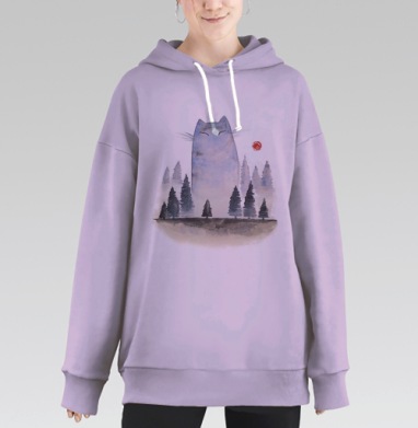 Мифический гигантский кот в туманном лесу, Hoodie Long Oversize Fiolet