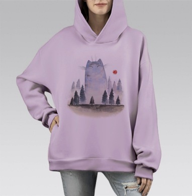 Мифический гигантский кот в туманном лесу, Hoodie Mono Fiolet, оверсайз, утепленная