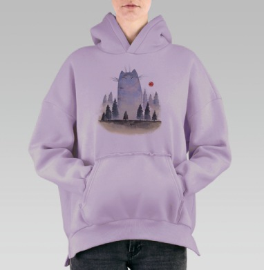Мифический гигантский кот в туманном лесу, Hoodie Oversize Fiolet, утепленная