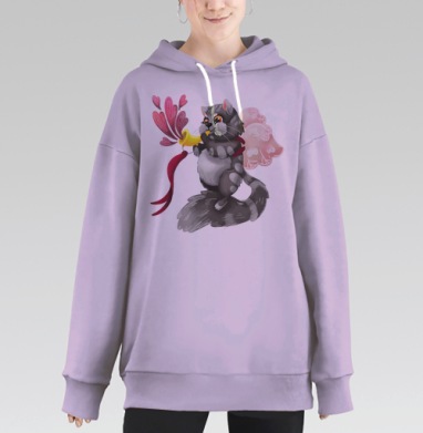 Котёнок-купидон с золотой трубой и сердечками, Hoodie Long Oversize Fiolet