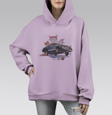 Ироничная иллюстрация с котами-лоурайдерами, Hoodie Mono Fiolet, оверсайз, утепленная