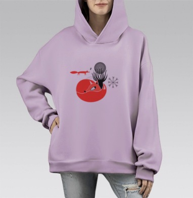 Зимний паттерн с лисами в красно-чёрных тонах, Hoodie Mono Fiolet, оверсайз, утепленная