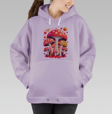 Яркая поп-сюрреалистичная иллюстрация мухоморов, Hoodie Oversize Fiolet