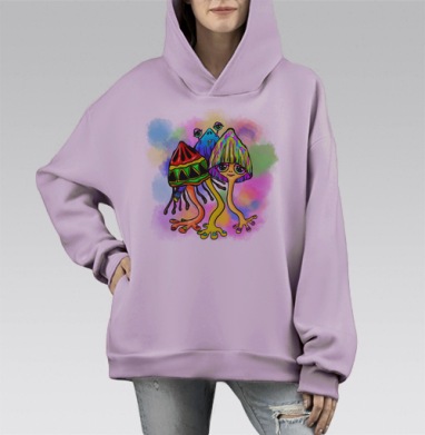 Красочные грибные существа идут абстракция в другом измерении, Hoodie Mono Fiolet, оверсайз, утепленная