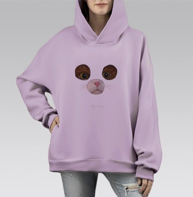 Мягкий арт-принт мордочка кота с надписью Ку-ку, Hoodie Mono Fiolet, оверсайз, утепленная