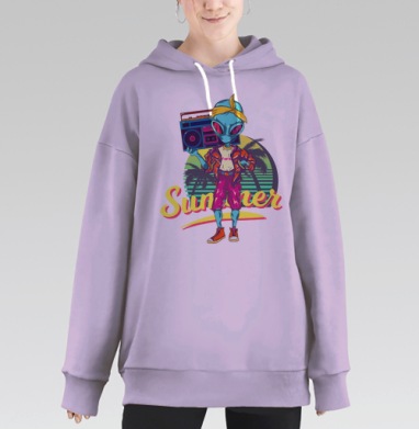 Яркий инопланетянин с бумбоксом и надписью OUT OF R, Hoodie Long Oversize Fiolet