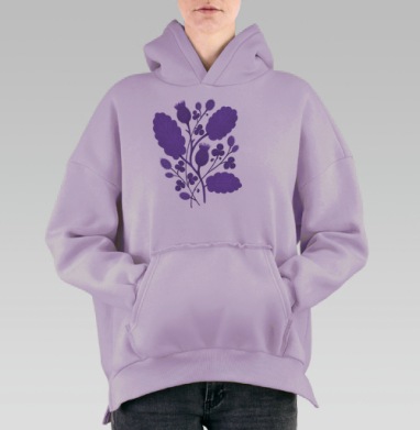 Бесшовный ботанический паттерн в фиолетовых тонах, Hoodie Oversize Fiolet, утепленная