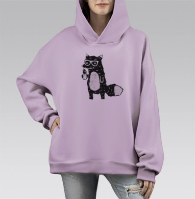 Стилизованный лис с чашкой кофе в очках, Hoodie Mono Fiolet, оверсайз, утепленная