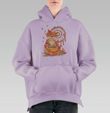 Лис-целитель с ритуальной чашей и ловцом снов, Hoodie Oversize Fiolet, утепленная