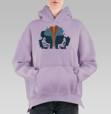 Люди в противогазах у костра с радужным взрывным облаком, Hoodie Oversize Fiolet, утепленная