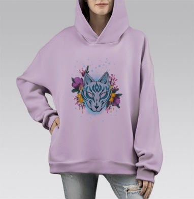 Мистическая лисья маска с цветами и колокольчиками, Hoodie Mono Fiolet, оверсайз, утепленная