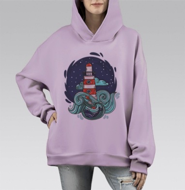 Стильный арт маяка с китом и волнами, Hoodie Mono Fiolet, оверсайз, утепленная
