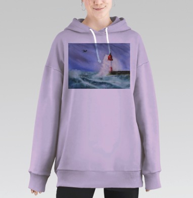 Маяк в шторме с парящей чайкой акварелью, Hoodie Long Oversize Fiolet