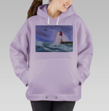 Маяк в шторме с парящей чайкой акварелью, Hoodie Oversize Fiolet