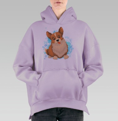 Милый Корги щенок с высунутым языком в голубом фоне, Hoodie Oversize Fiolet, утепленная