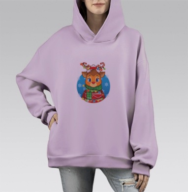 Милый олень с гирляндой радостное зимнее настроение, Hoodie Mono Fiolet, оверсайз, утепленная