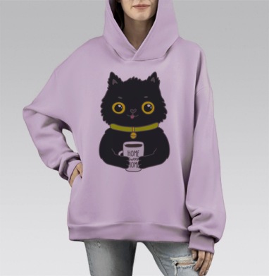 Милый черный кот с кружкой «HOME SWEET HOME», Hoodie Mono Fiolet, оверсайз, утепленная