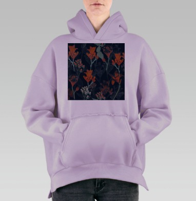 Элегантный ботанический принт цветов и ягод, Hoodie Oversize Fiolet, утепленная