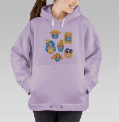 Яркий узор лиц с масками в синих и жёлтых тонах, Hoodie Oversize Fiolet