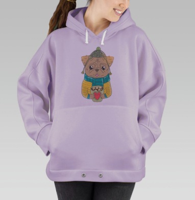 Милый мопс в уютном зимнем наряде с чашкой шоколада, Hoodie Oversize Fiolet