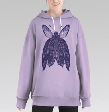 Мистическая бабочка «Мёртвая голова» в стиле линогравюры, Hoodie Long Oversize Fiolet