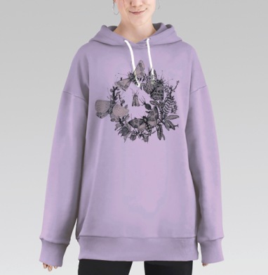Венок из бабочек и мотыльков с листьями, Hoodie Long Oversize Fiolet