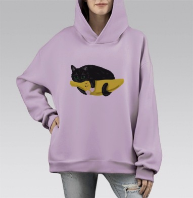 Пушистый кот с милым банановым другом, Hoodie Mono Fiolet, оверсайз, утепленная