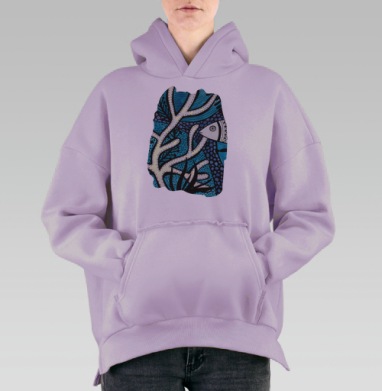 Гармония подводного мира с рыбкой и кораллами, Hoodie Oversize Fiolet, утепленная