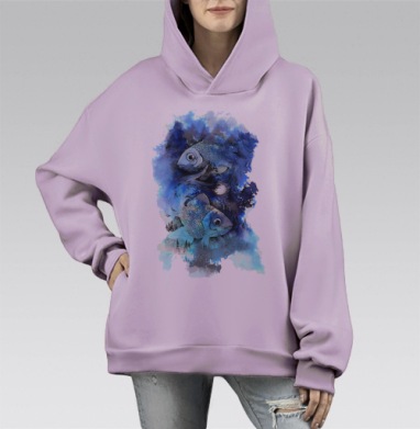 Акварельные рыбы в мистическом синем водовороте, Hoodie Mono Fiolet, оверсайз, утепленная