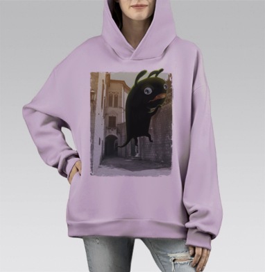 Черный мультяшный персонаж на старой стене, Hoodie Mono Fiolet, оверсайз, утепленная