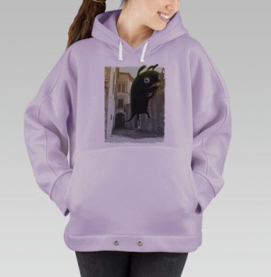 Черный мультяшный персонаж на старой стене, Hoodie Oversize Fiolet