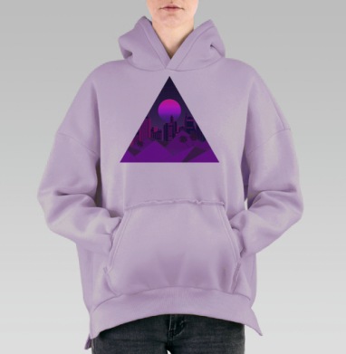Ночной ретровейв город в неоне и треугольнике, Hoodie Oversize Fiolet, утепленная