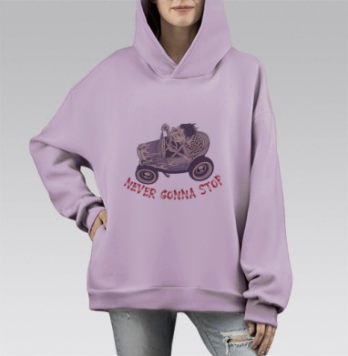 Хот-род бунтарь с надписью NEVER GONNA STOP, Hoodie Mono Fiolet, оверсайз, утепленная